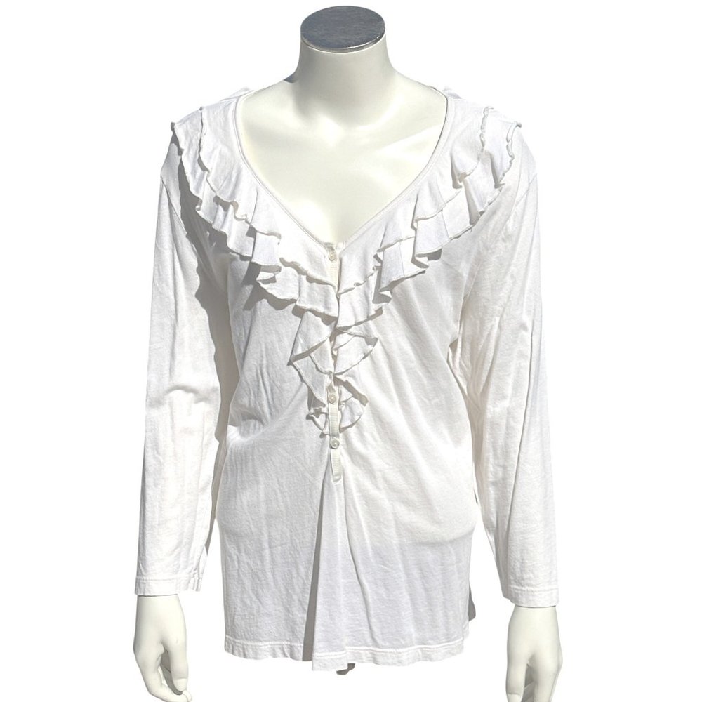 Chicos Long Sleeve Ruffled Henley Beige Button Front Blouse Elegant Feminine SZ3